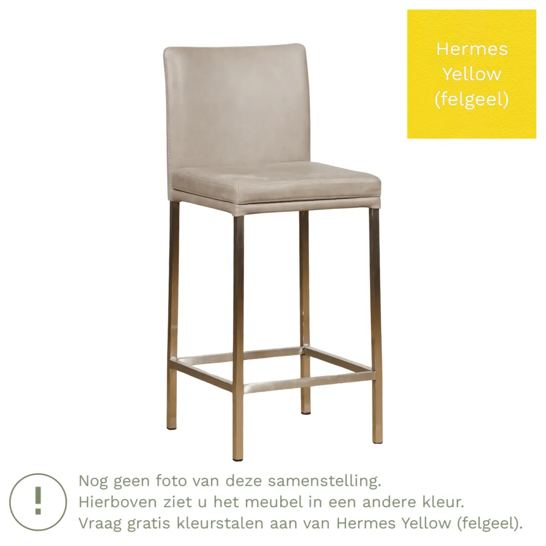 afbeelding van Leren barkruk Break laag - Hermes Yellow (felgeel) - Poten staal vierkant RVS