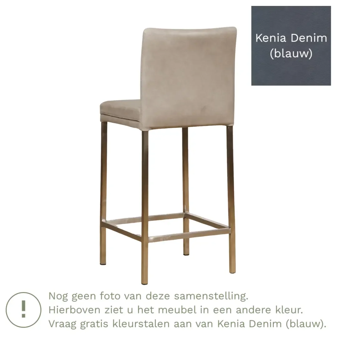 afbeelding van Leren barkruk Break laag - Kenia Denim (blauw) - Poten staal vierkant RVS