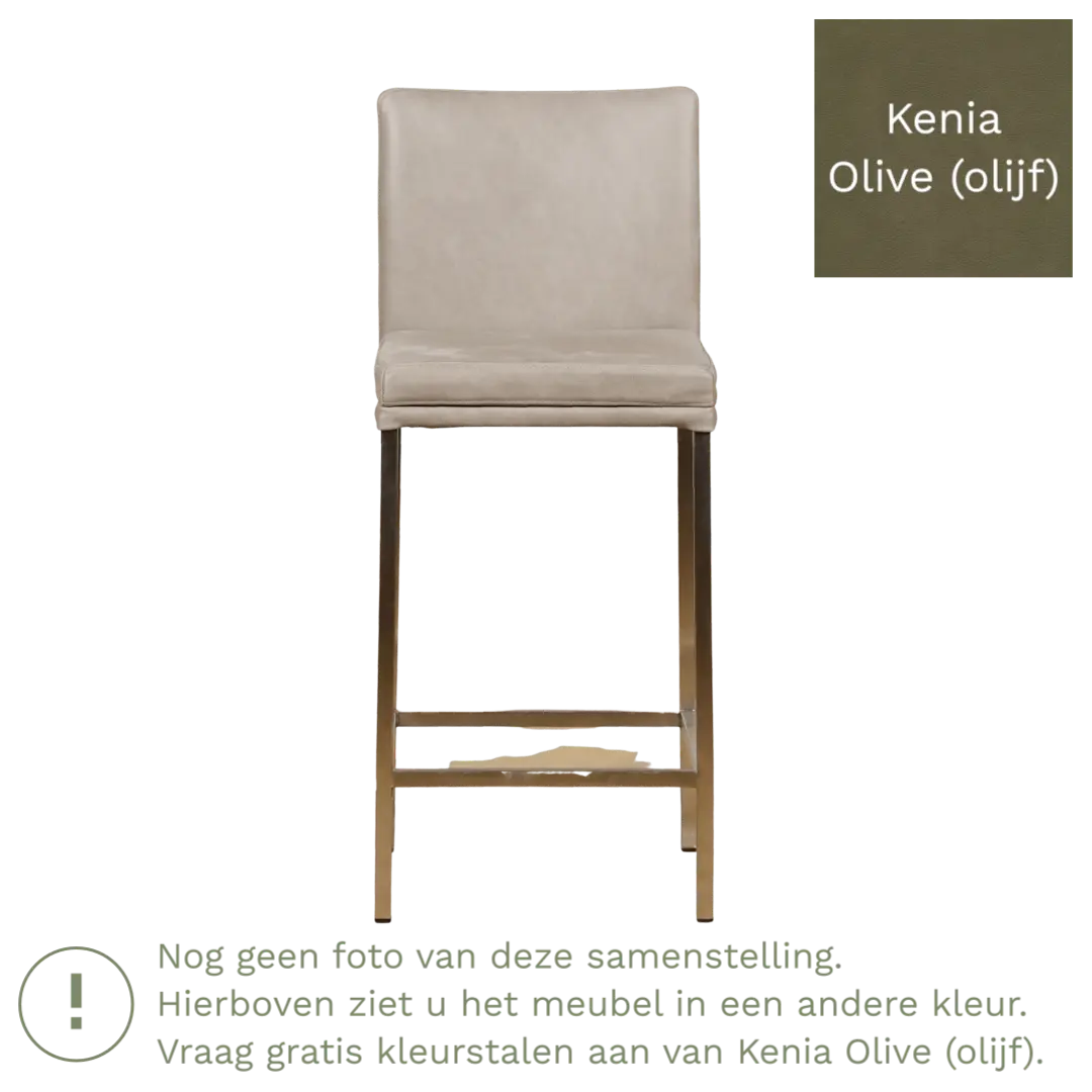 afbeelding van Leren barkruk Break laag - Kenia Olive (olijf) - Poten staal vierkant RVS