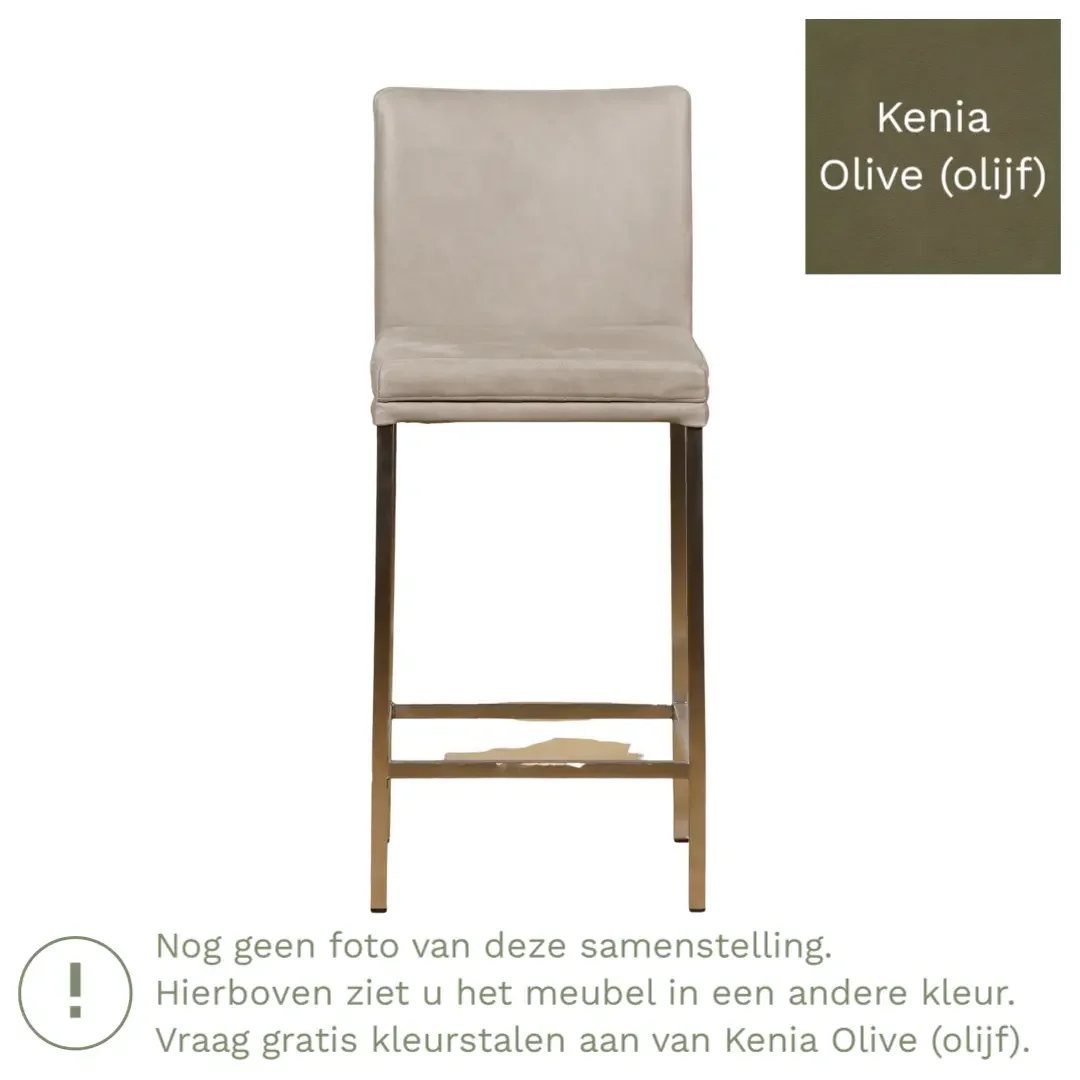 afbeelding van Leren barkruk Break laag - Kenia Olive (olijf) - Poten staal vierkant zwart