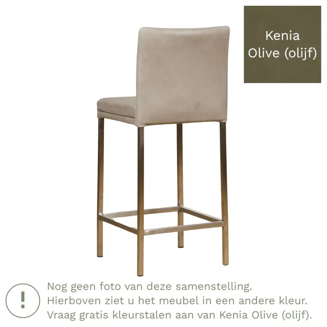 afbeelding van Leren barkruk Break laag - Kenia Olive (olijf) - Poten staal vierkant zwart