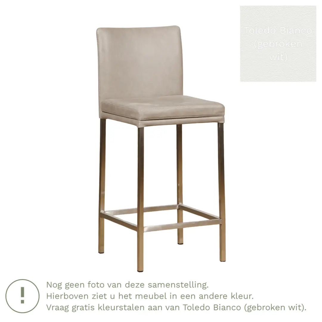 afbeelding van Leren barkruk Break laag - Toledo Bianco (gebroken wit) - Poten staal vierkant RVS