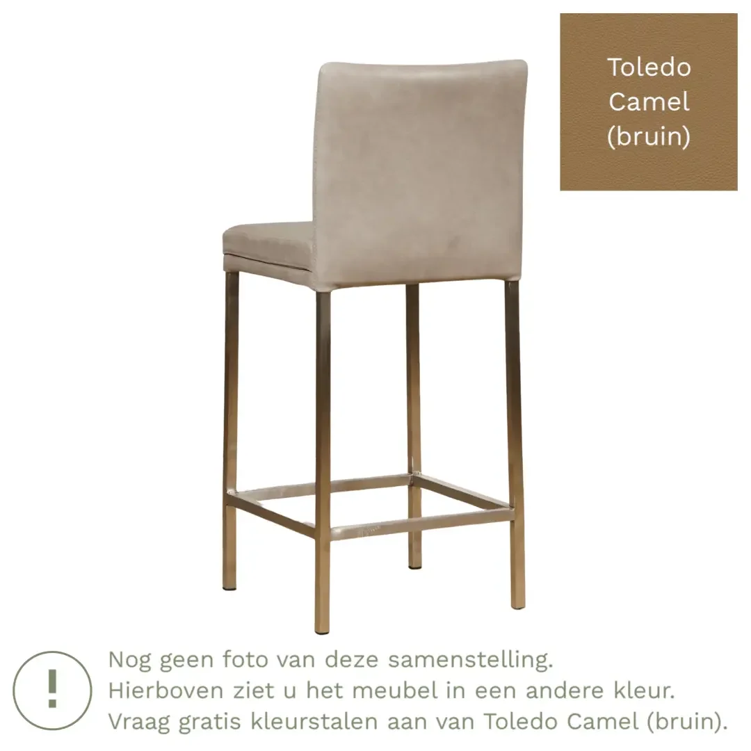 afbeelding van Leren barkruk Break laag - Toledo Camel (bruin) - Poten staal vierkant RVS