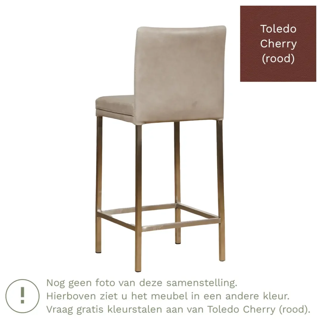 afbeelding van Leren barkruk Break laag - Toledo Cherry (rood) - Poten staal vierkant RVS