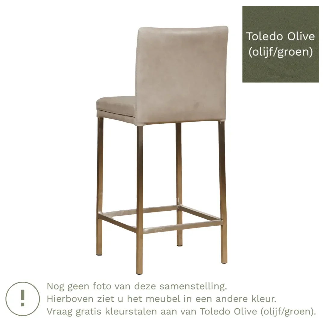 afbeelding van Leren barkruk Break laag - Toledo Olive (olijf/goen) - Poten staal vierkant RVS