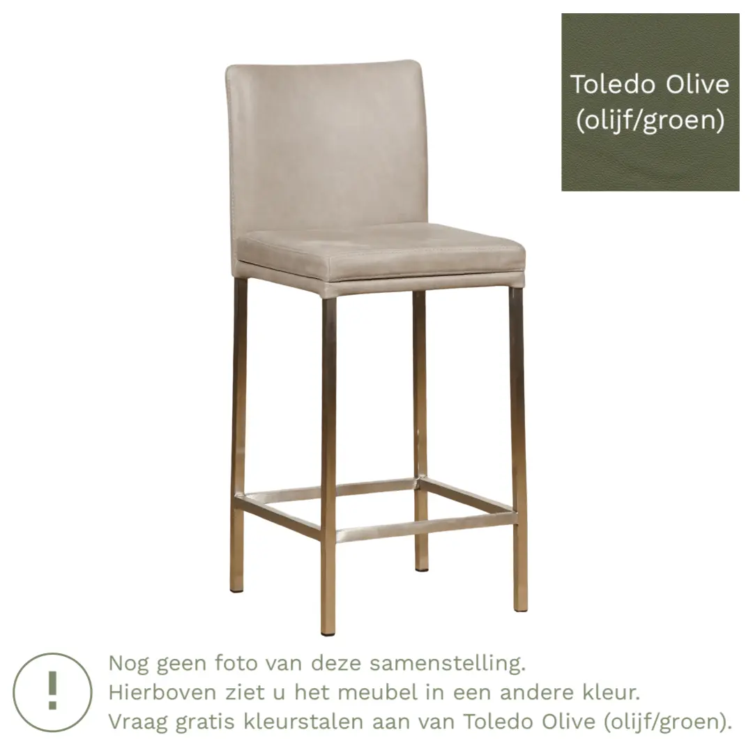 afbeelding van Leren barkruk Break laag - Toledo Olive (olijf/goen) - Poten staal vierkant zwart