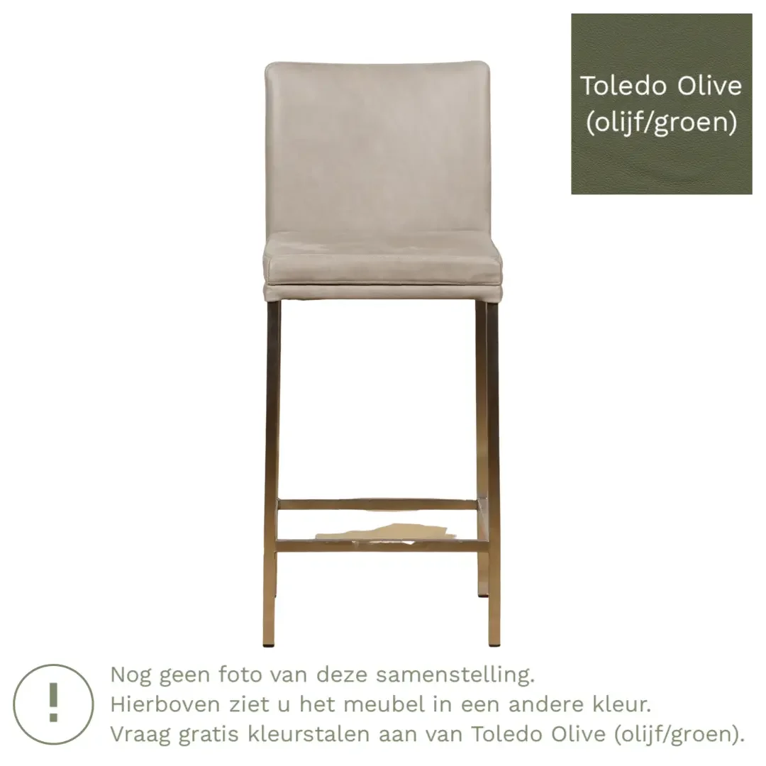 afbeelding van Leren barkruk Break laag - Toledo Olive (olijf/goen) - Poten staal vierkant zwart