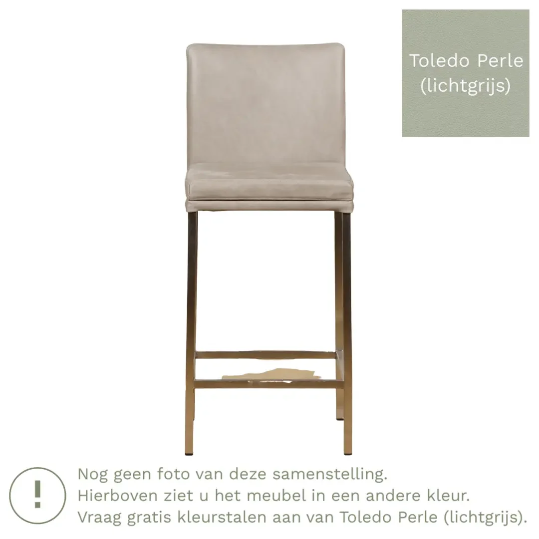 afbeelding van Leren barkruk Break laag - Toledo Perle (lichtgrijs) - Poten staal vierkant RVS