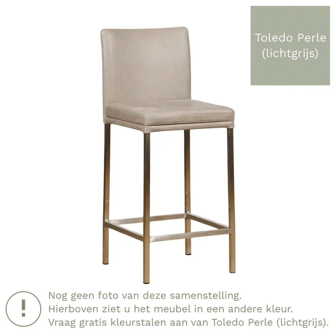 afbeelding van Leren barkruk Break laag - Toledo Perle (lichtgrijs) - Poten staal vierkant zwart