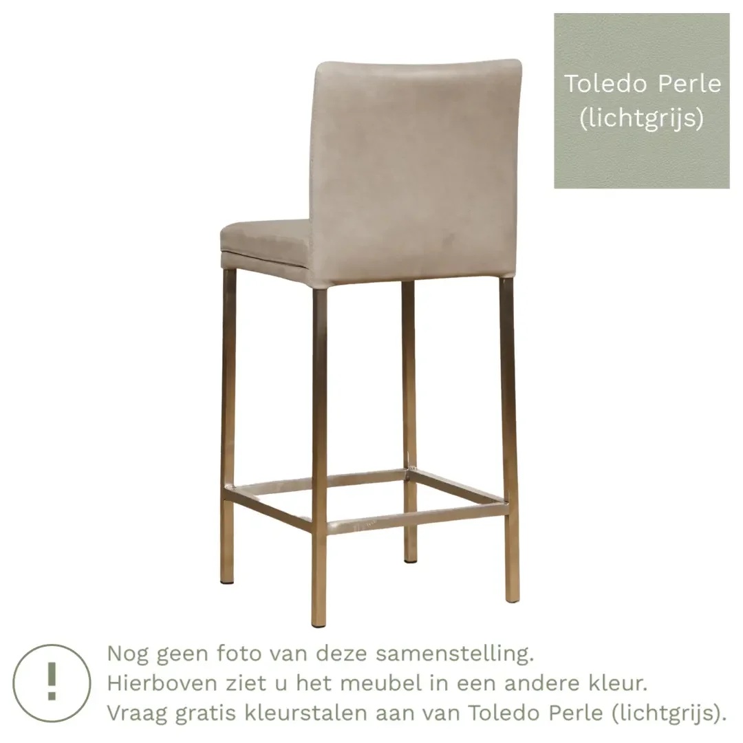 afbeelding van Leren barkruk Break laag - Toledo Perle (lichtgrijs) - Poten staal vierkant zwart
