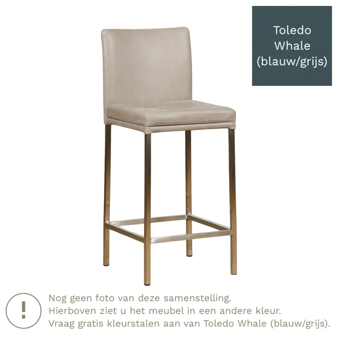 afbeelding van Leren barkruk Break laag - Toledo Whale (blauw/grijs) - Poten staal vierkant RVS