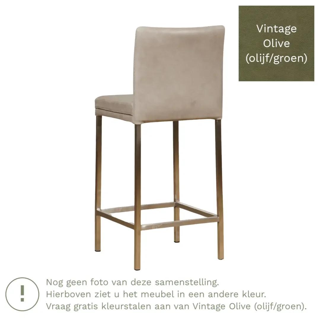 afbeelding van Leren barkruk Break laag - Vintage Olive (olijf/groen) - Poten staal vierkant RVS