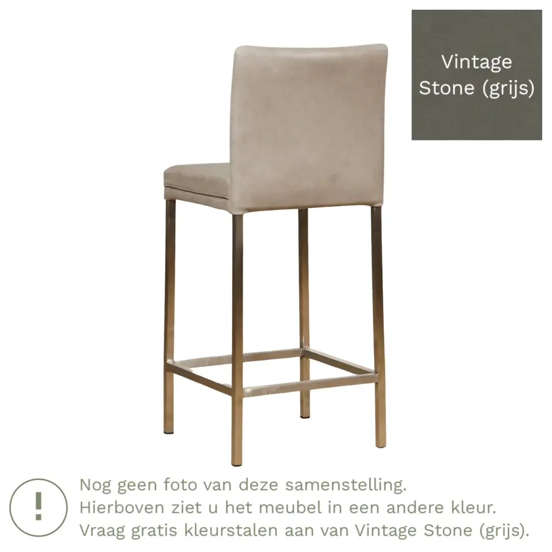 afbeelding van Leren barkruk Break laag - Vintage Stone (grijs) - Poten staal vierkant zwart