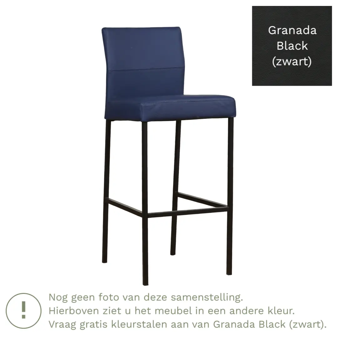 afbeelding van Leren barkruk Bright hoog - Granada Black (zwart) - Poten staal vierkant zwart