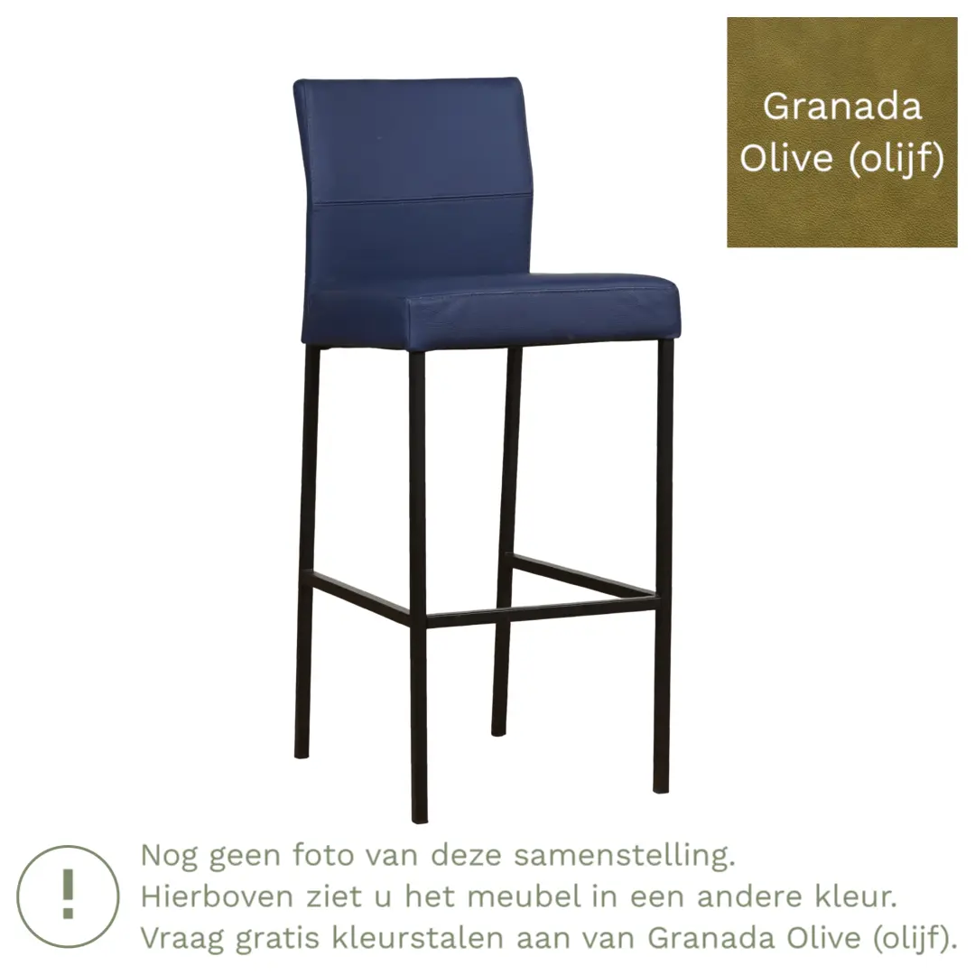 afbeelding van Leren barkruk Bright hoog - Granada Olive (olijf) - Poten staal vierkant RVS