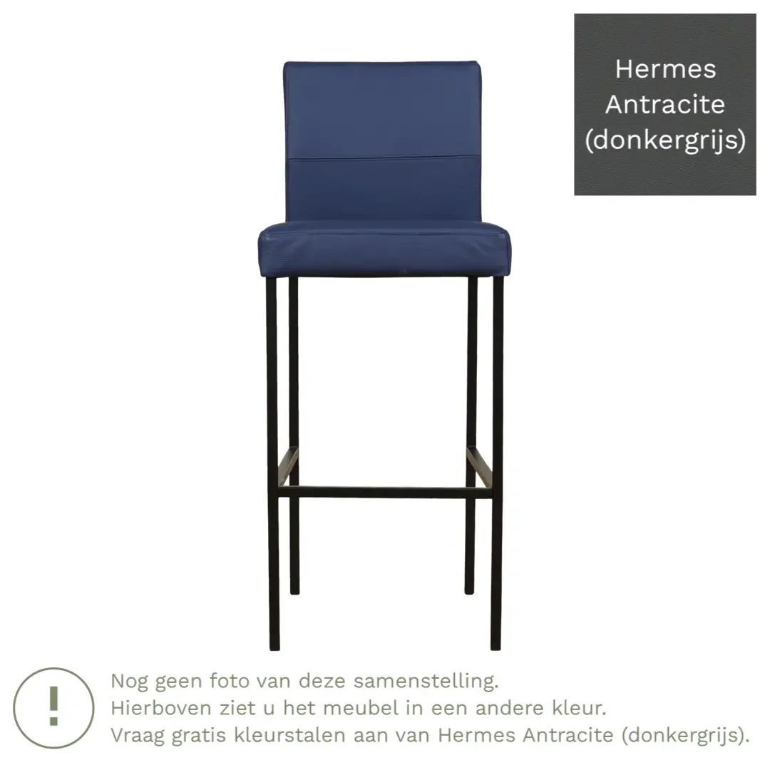afbeelding van Leren barkruk Bright hoog - Hermes Antracite (donkergrijs) - Poten staal vierkant RVS
