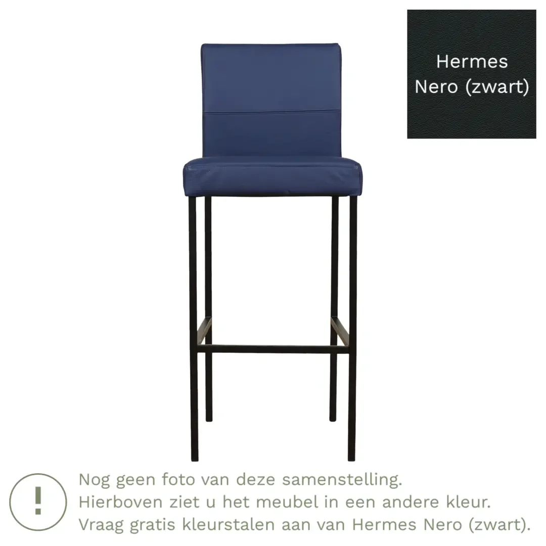 afbeelding van Leren barkruk Bright hoog - Hermes Nero (zwart) - Poten staal vierkant zwart