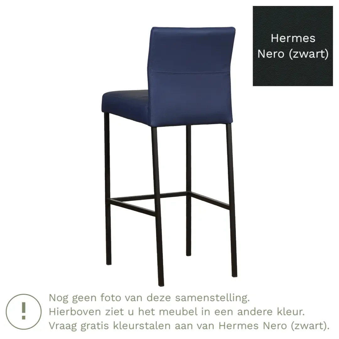 afbeelding van Leren barkruk Bright hoog - Hermes Nero (zwart) - Poten staal vierkant zwart