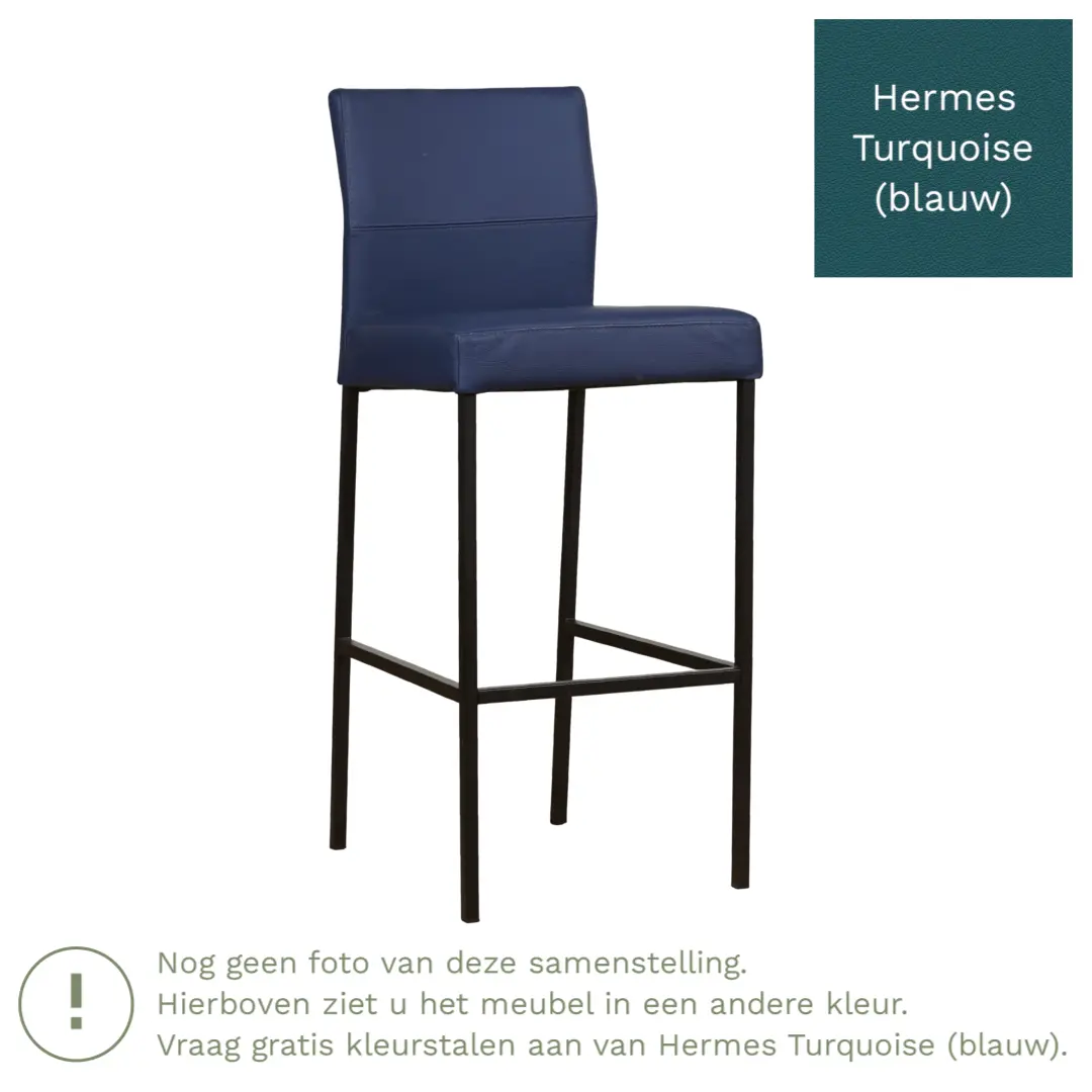 afbeelding van Leren barkruk Bright hoog - Hermes Turquoise (blauw) - Poten staal vierkant zwart