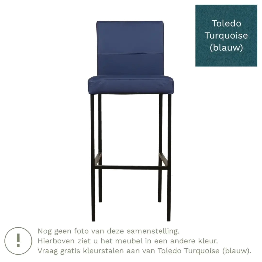 afbeelding van Leren barkruk Bright hoog - Toledo Turquoise (blauw) - Poten staal vierkant RVS