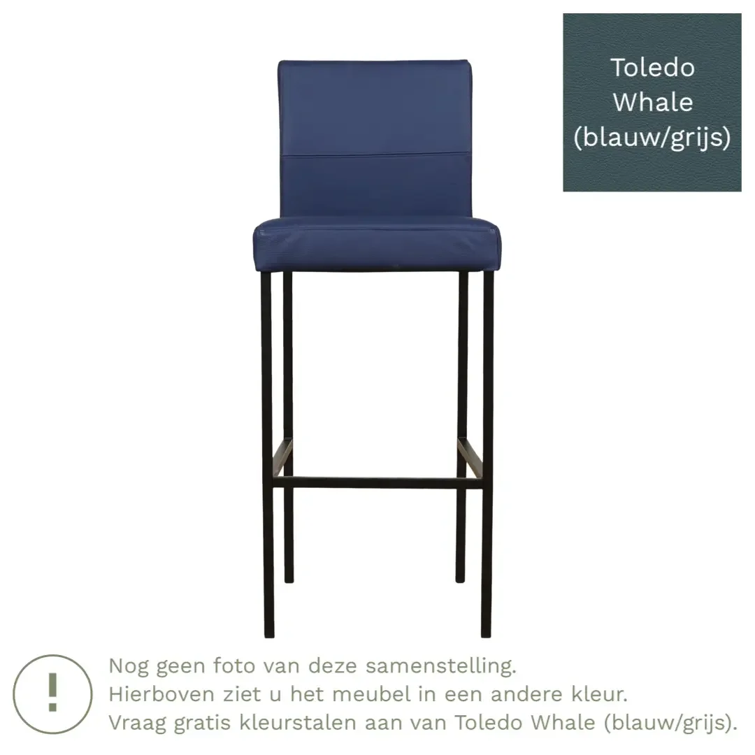 afbeelding van Leren barkruk Bright hoog - Toledo Whale (blauw/grijs) - Poten staal vierkant RVS