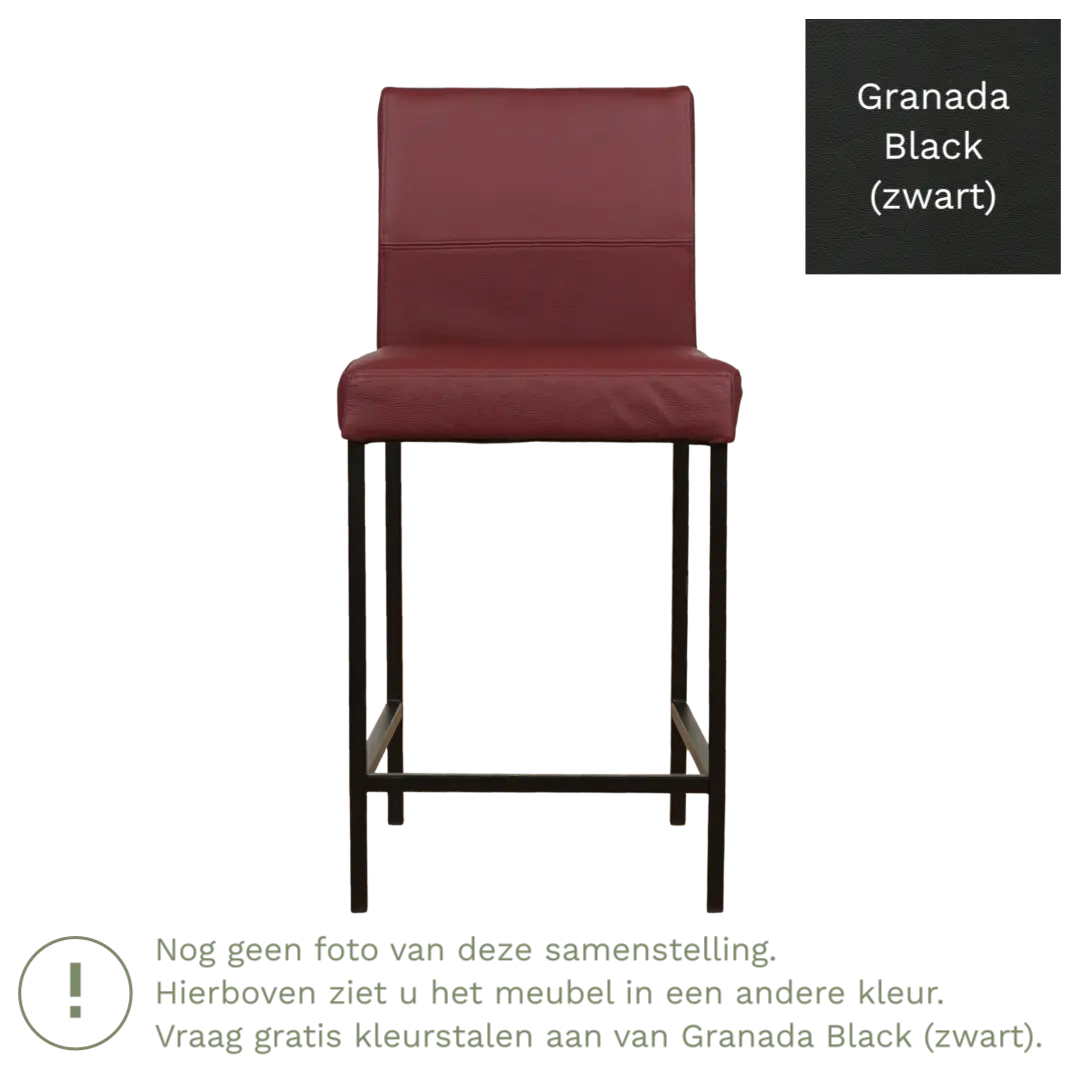 afbeelding van Leren barkruk Bright laag - Granada Black (zwart) - Poten staal vierkant RVS