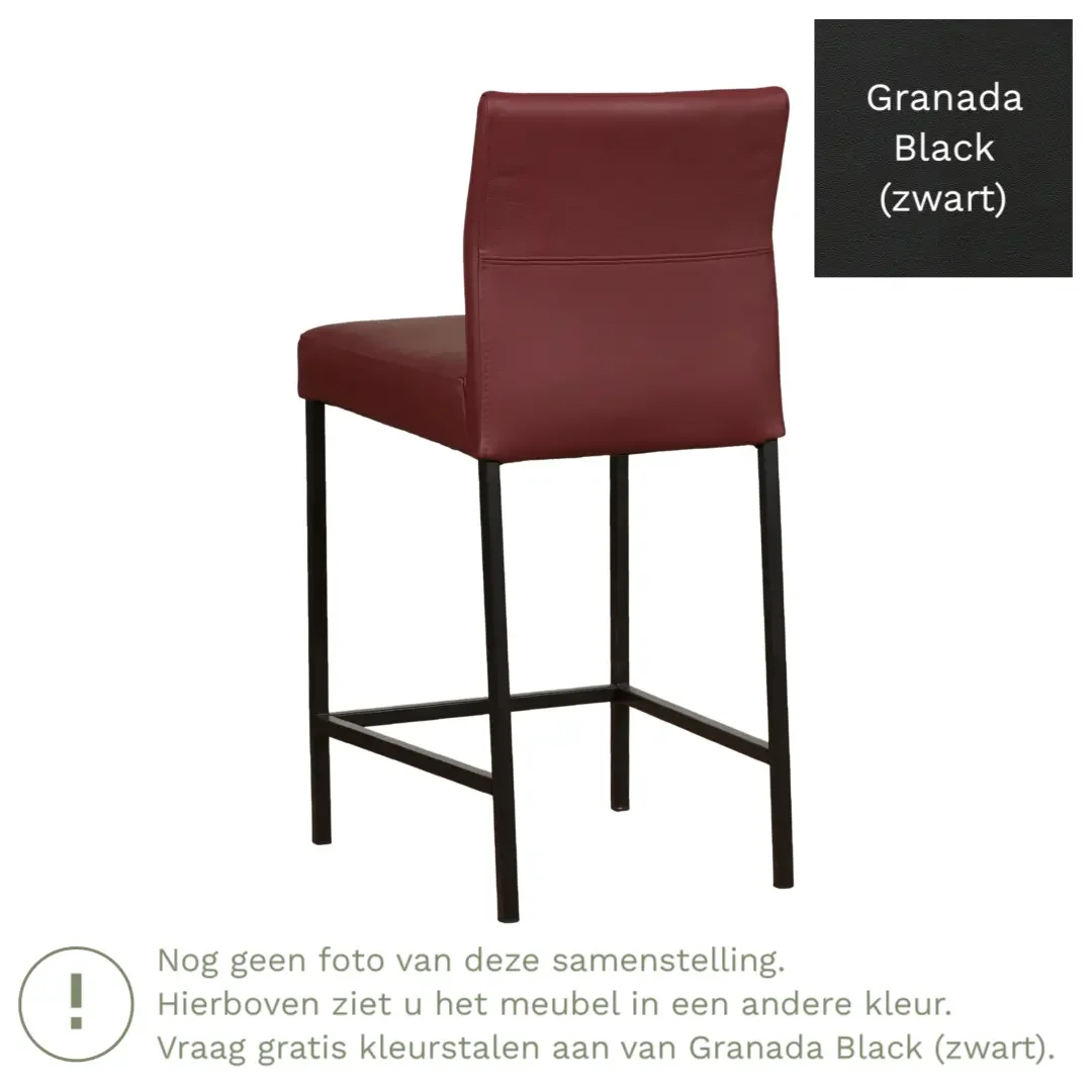 afbeelding van Leren barkruk Bright laag - Granada Black (zwart) - Poten staal vierkant zwart