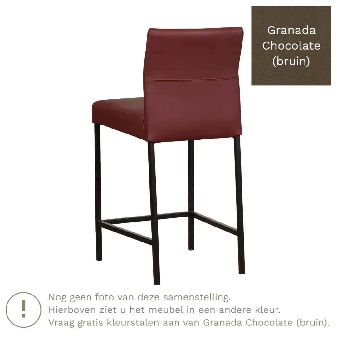 afbeelding van Leren barkruk Bright laag - Granada Chocolate (bruin) - Poten staal vierkant zwart