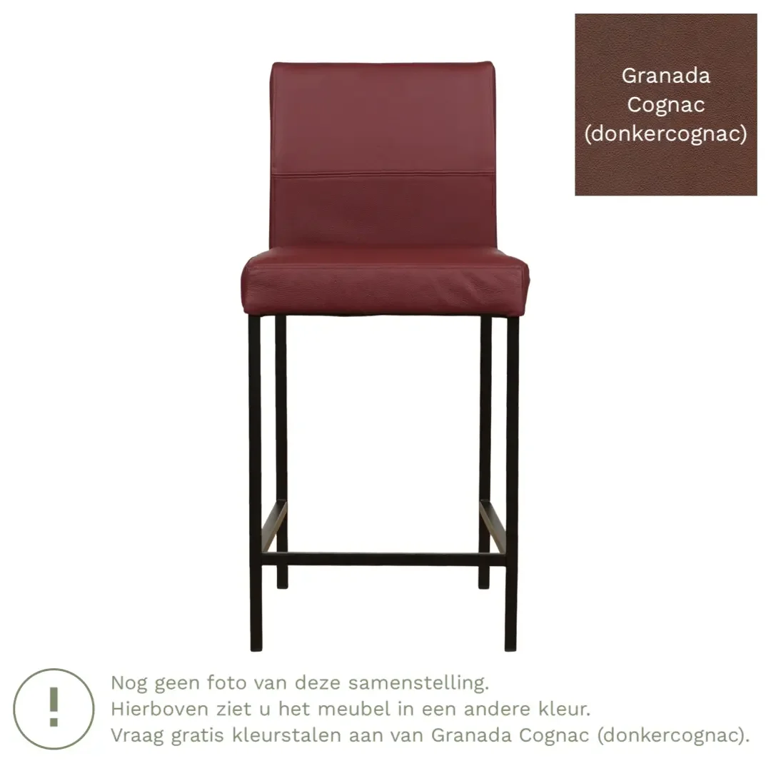 afbeelding van Leren barkruk Bright laag - Granada Cognac (donkercognac) - Poten staal vierkant RVS