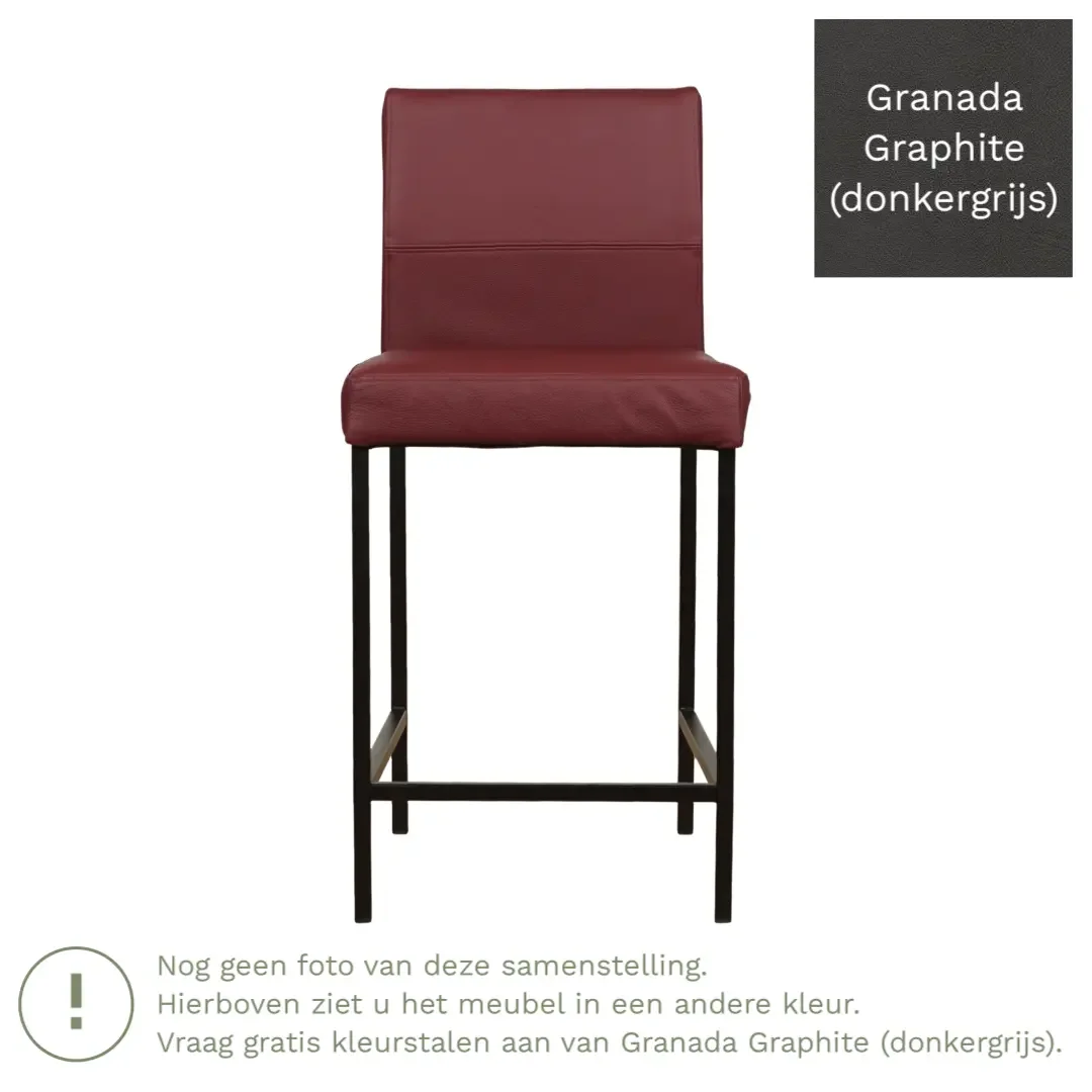 afbeelding van Leren barkruk Bright laag - Granada Graphite (donkergrijs) - Poten staal vierkant zwart
