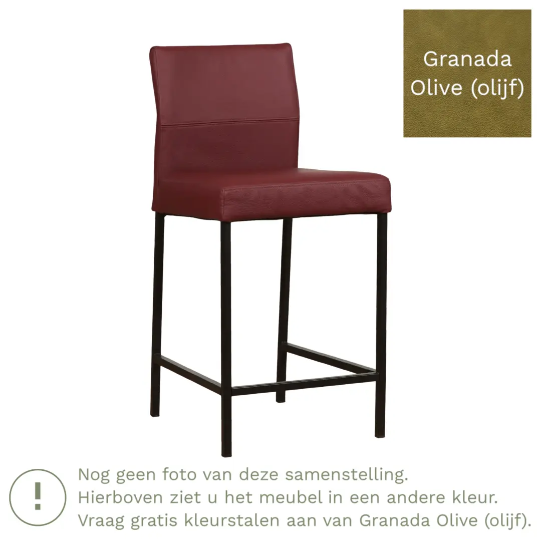 afbeelding van Leren barkruk Bright laag - Granada Olive (olijf) - Poten staal vierkant RVS