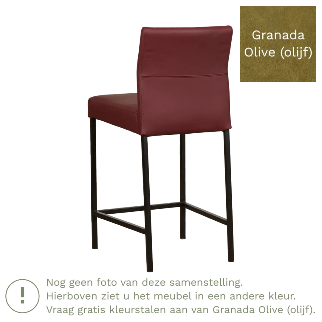 afbeelding van Leren barkruk Bright laag - Granada Olive (olijf) - Poten staal vierkant RVS