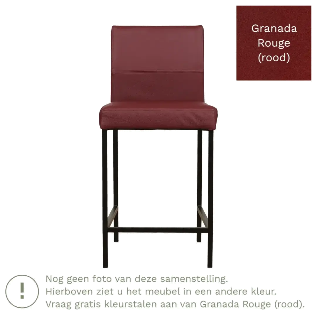 afbeelding van Leren barkruk Bright laag - Granada Rouge (rood) - Poten staal vierkant RVS