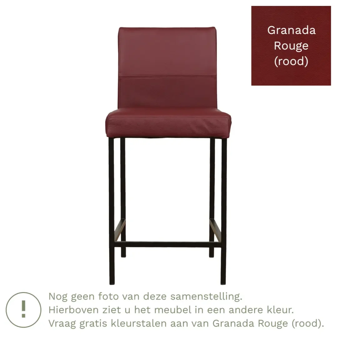 afbeelding van Leren barkruk Bright laag - Granada Rouge (rood) - Poten staal vierkant zwart