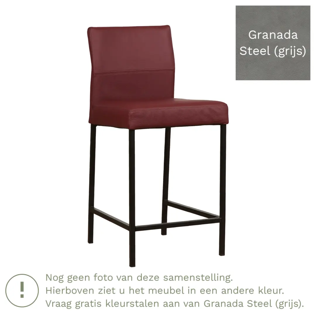 afbeelding van Leren barkruk Bright laag - Granada Steel (grijs) - Poten staal vierkant RVS