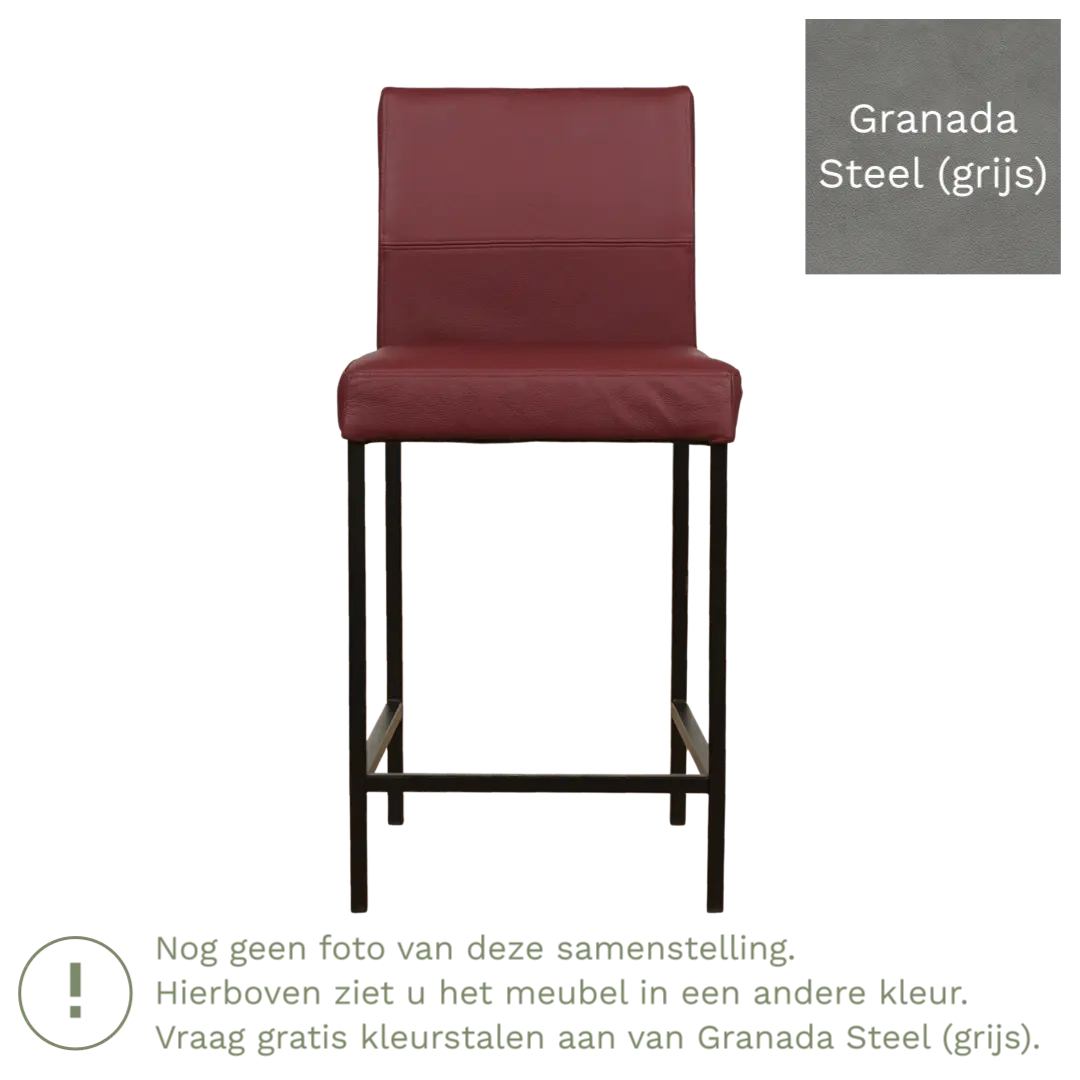 afbeelding van Leren barkruk Bright laag - Granada Steel (grijs) - Poten staal vierkant RVS