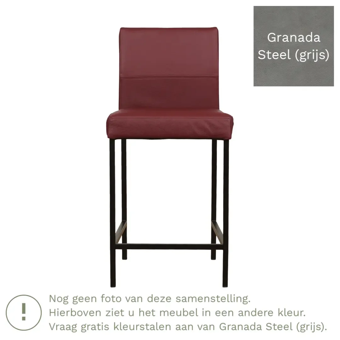 afbeelding van Leren barkruk Bright laag - Granada Steel (grijs) - Poten staal vierkant zwart