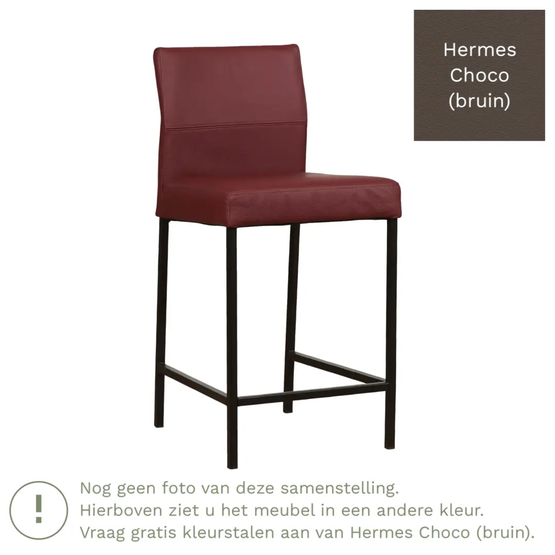 afbeelding van Leren barkruk Bright laag - Hermes Choco (bruin) - Poten staal vierkant RVS