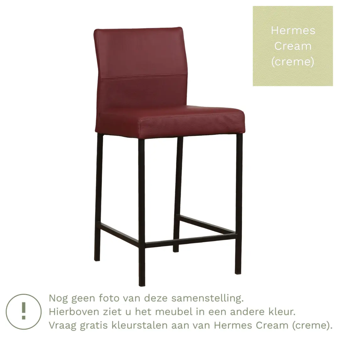 afbeelding van Leren barkruk Bright laag - Hermes Cream (crème) - Poten staal vierkant RVS