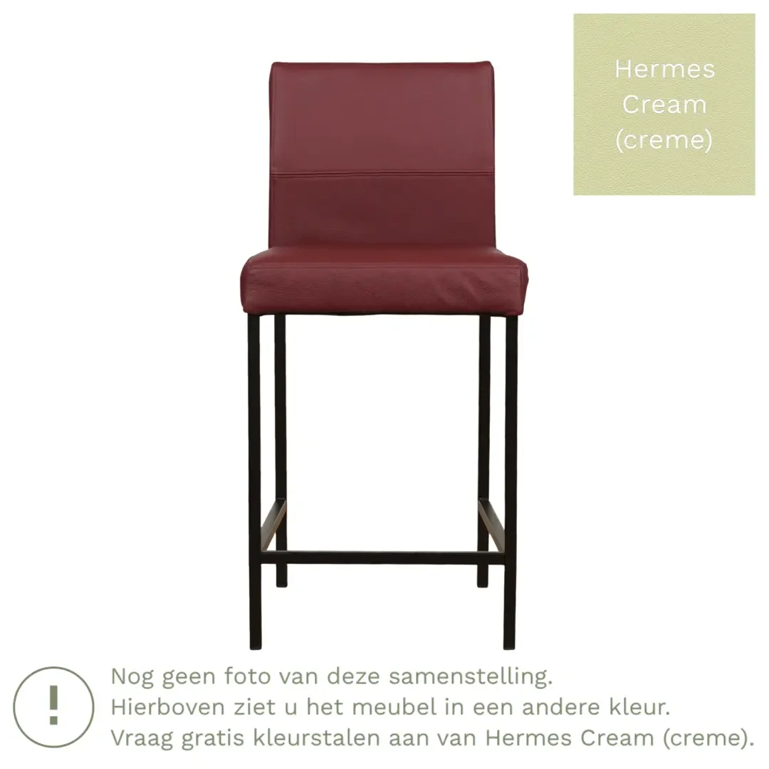afbeelding van Leren barkruk Bright laag - Hermes Cream (crème) - Poten staal vierkant zwart
