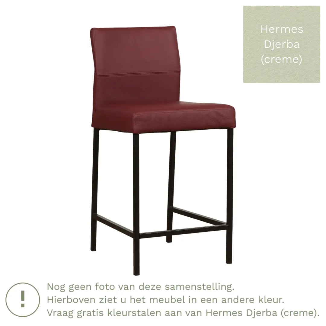 afbeelding van Leren barkruk Bright laag - Hermes Djerba (crème) - Poten staal vierkant zwart