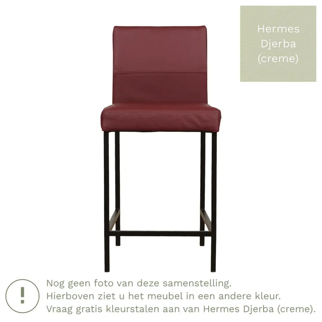 afbeelding van Leren barkruk Bright laag - Hermes Djerba (crème) - Poten staal vierkant zwart
