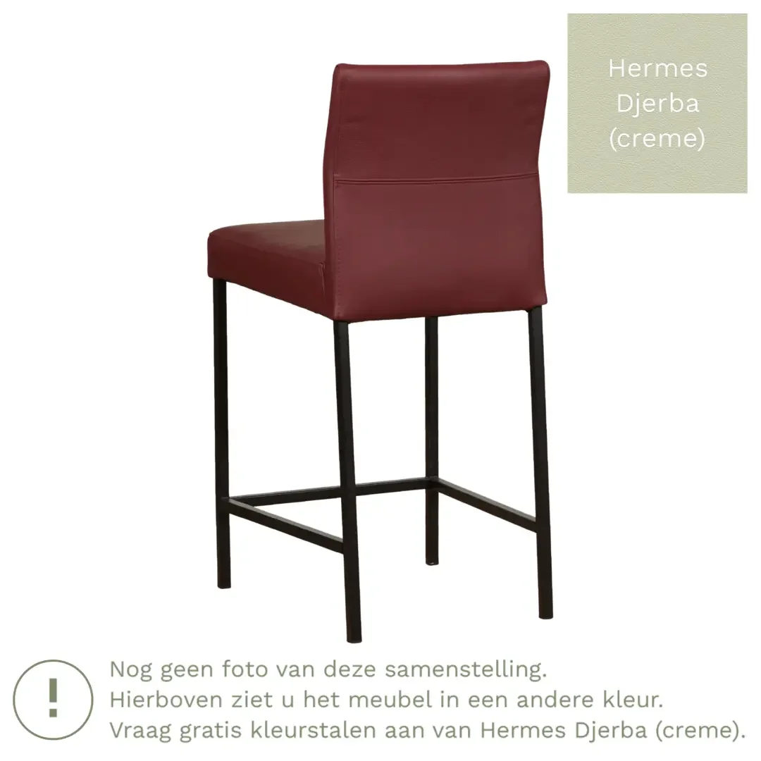 afbeelding van Leren barkruk Bright laag - Hermes Djerba (crème) - Poten staal vierkant zwart
