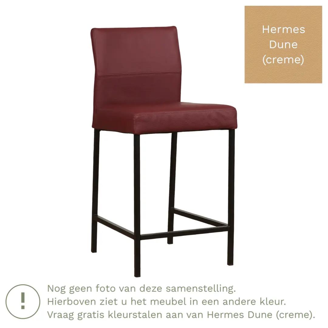 afbeelding van Leren barkruk Bright laag - Hermes Dune (crème) - Poten staal vierkant zwart