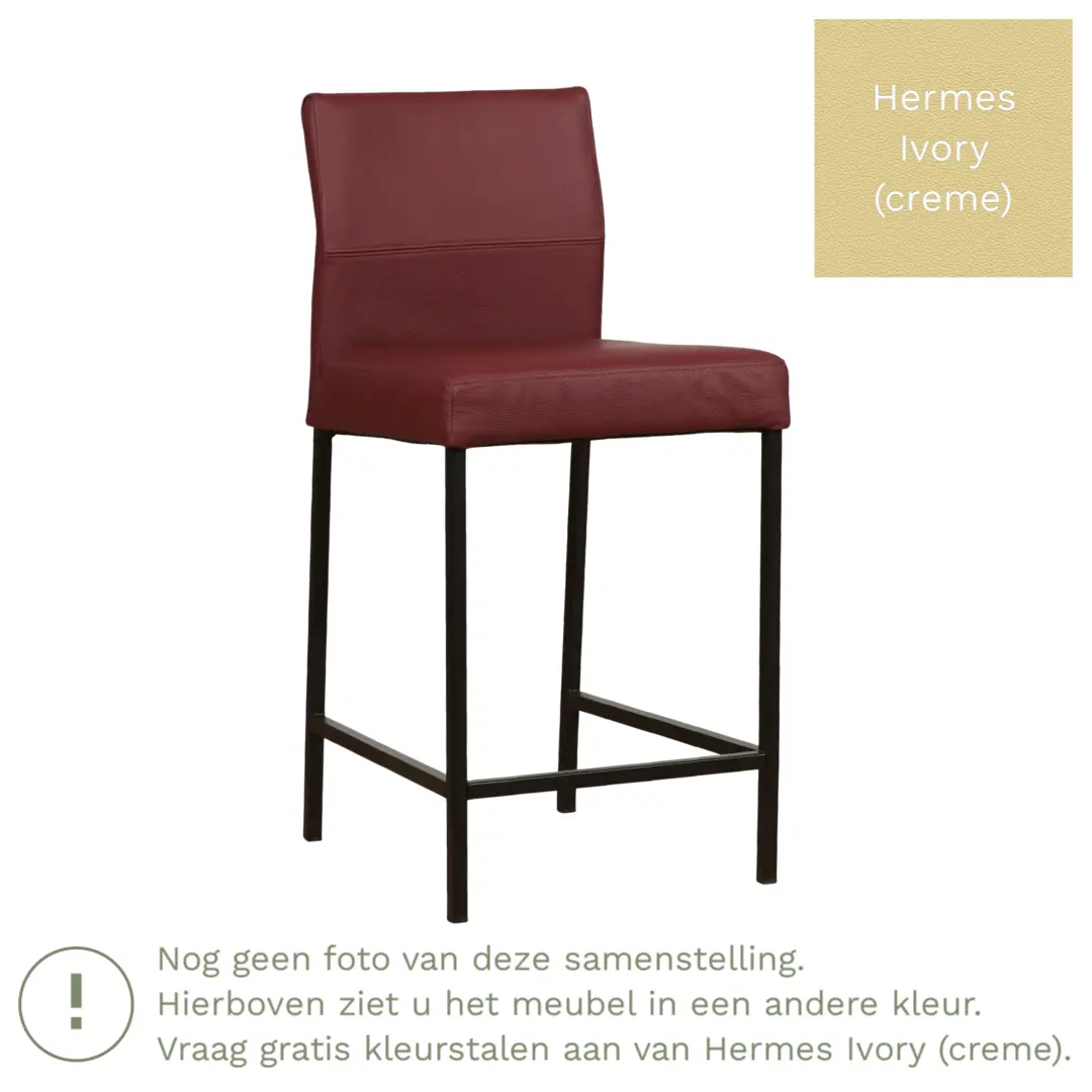 afbeelding van Leren barkruk Bright laag - Hermes Ivory (crème) - Poten staal vierkant zwart