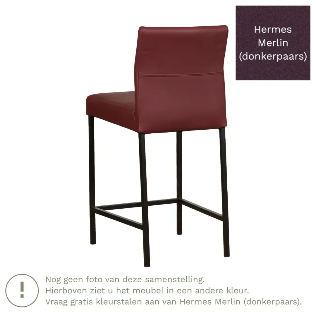 afbeelding van Leren barkruk Bright laag - Hermes Merlin (donkerpaars) - Poten staal vierkant RVS