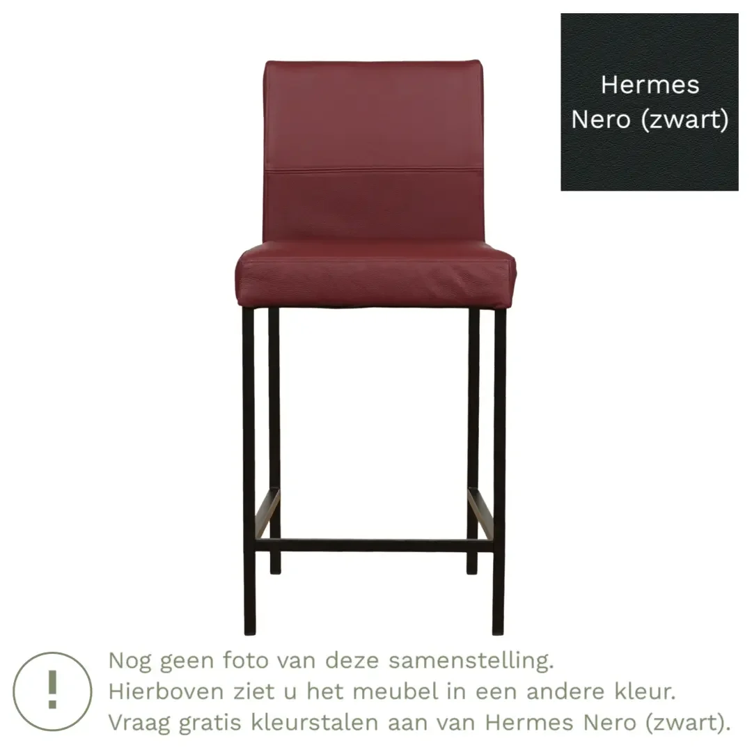 afbeelding van Leren barkruk Bright laag - Hermes Nero (zwart) - Poten staal vierkant RVS