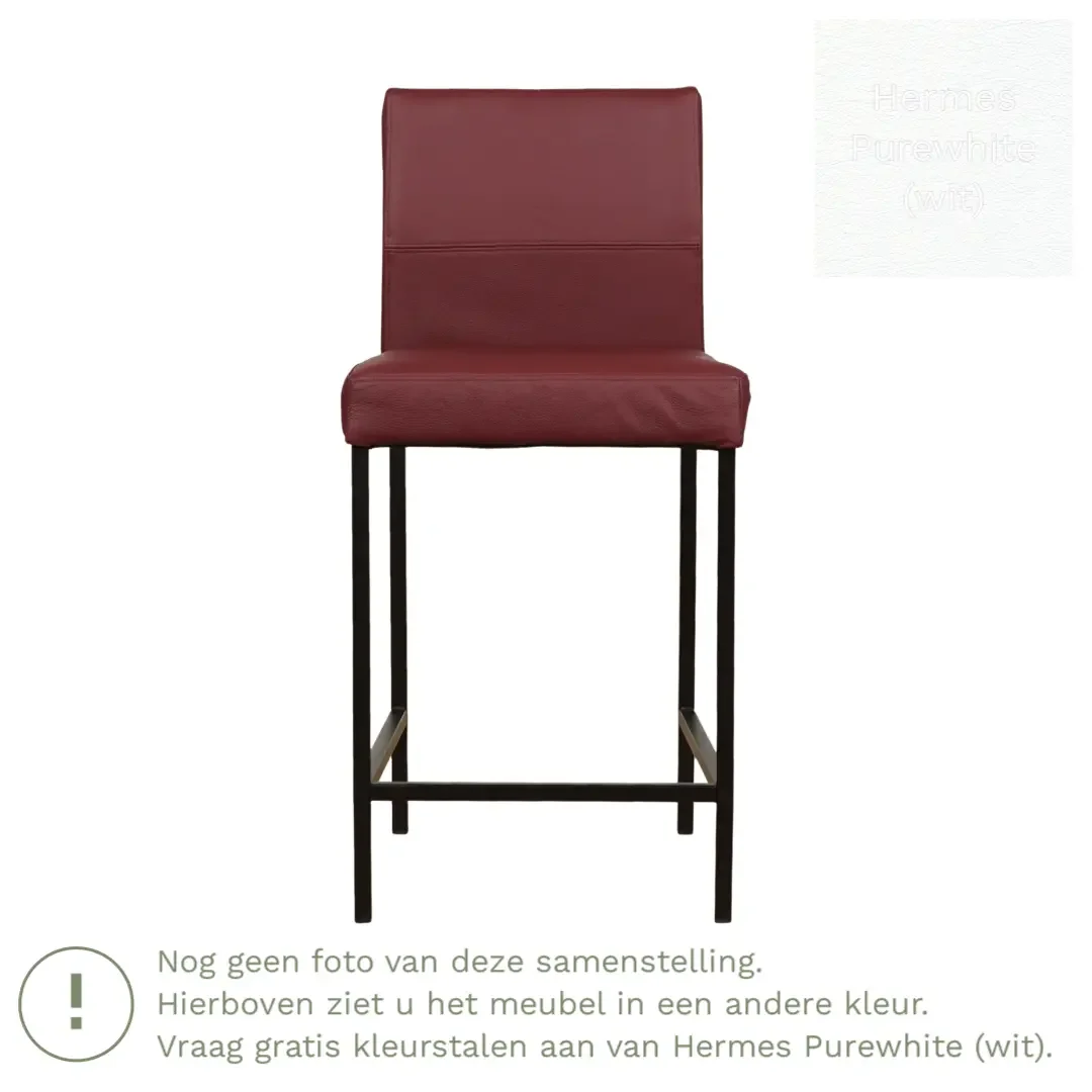 afbeelding van Leren barkruk Bright laag - Hermes Purewhite (wit) - Poten staal vierkant RVS