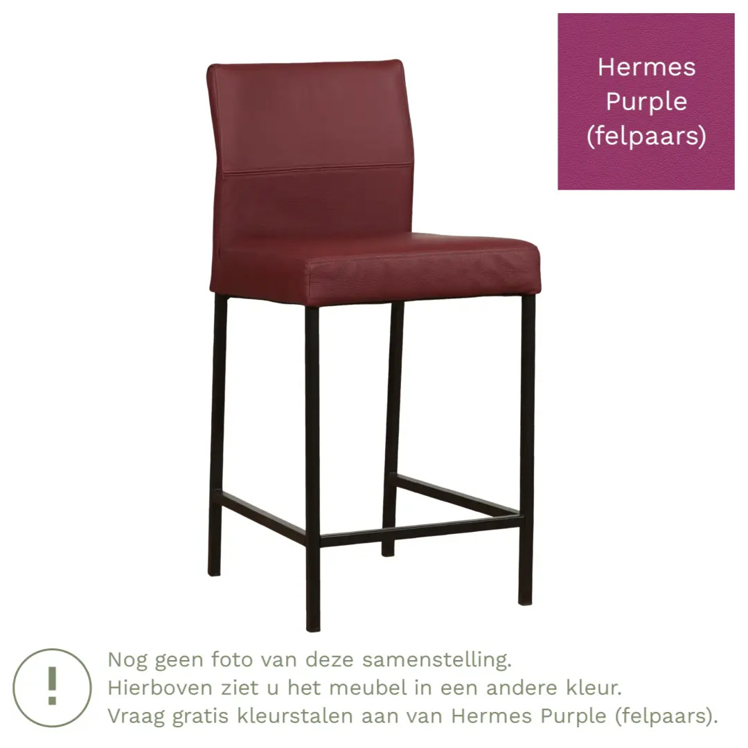 afbeelding van Leren barkruk Bright laag - Hermes Purple (felpaars) - Poten staal vierkant RVS