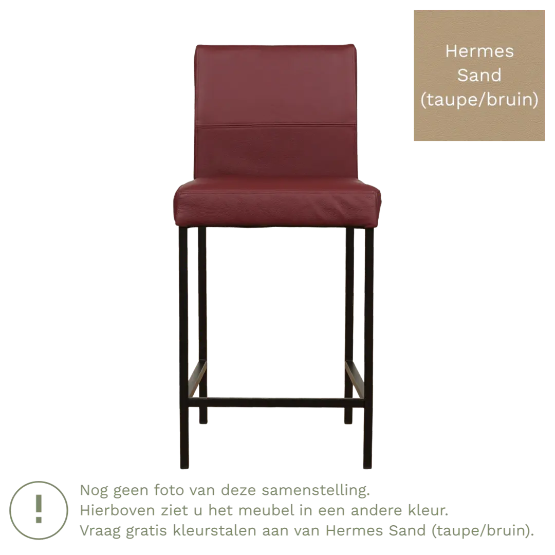 afbeelding van Leren barkruk Bright laag - Hermes Sand (taupe/bruin) - Poten staal vierkant RVS